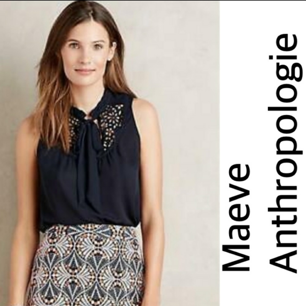 Anthropologie Maeve navy Luca tie-neck blouse eyelet cut elegant tie neck